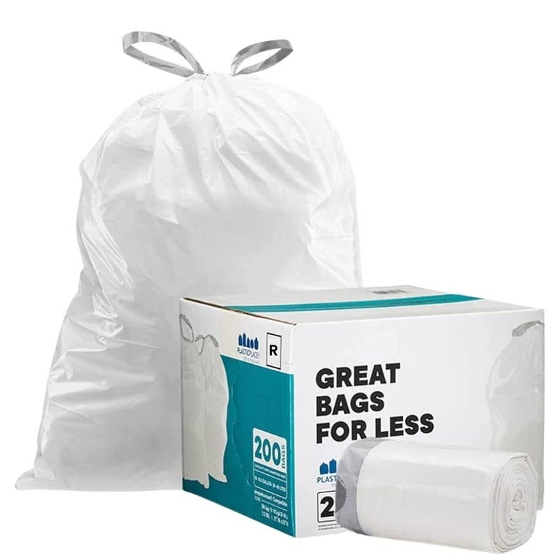 Plasticplace Custom Fit Trash Bags Compatible with simplehuman Code R 200 Count White Drawstring Garbage Liners 26 Gallon 10 Liter 165 x 18